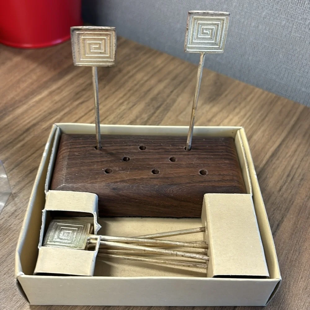 NIB. Pottery Barn 8 cocktail picks with wooden stand